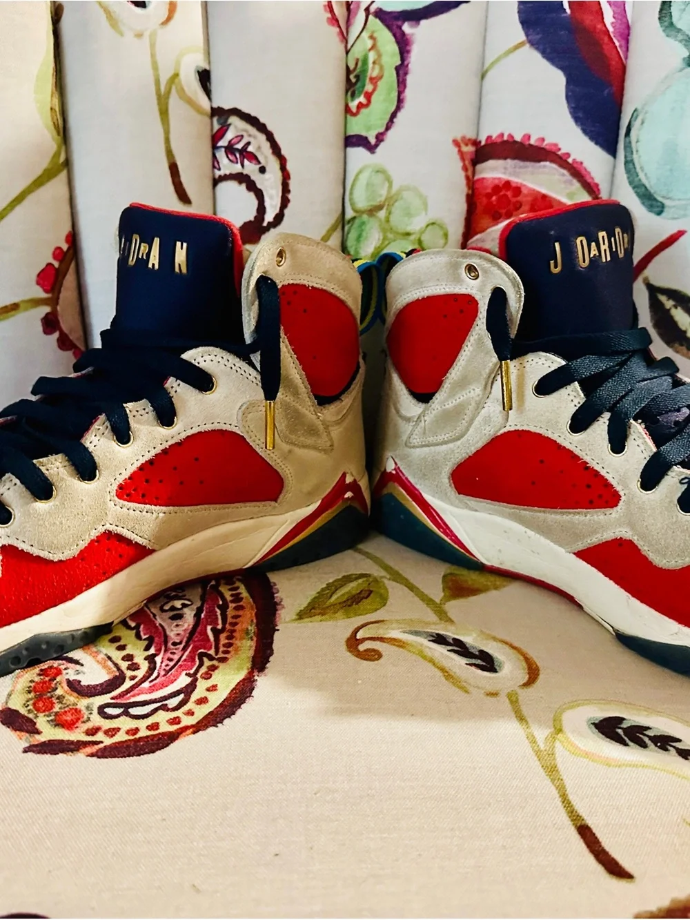 Jordan Men's High-Top Sneakers in Red, Cream, and Black with Gold Details